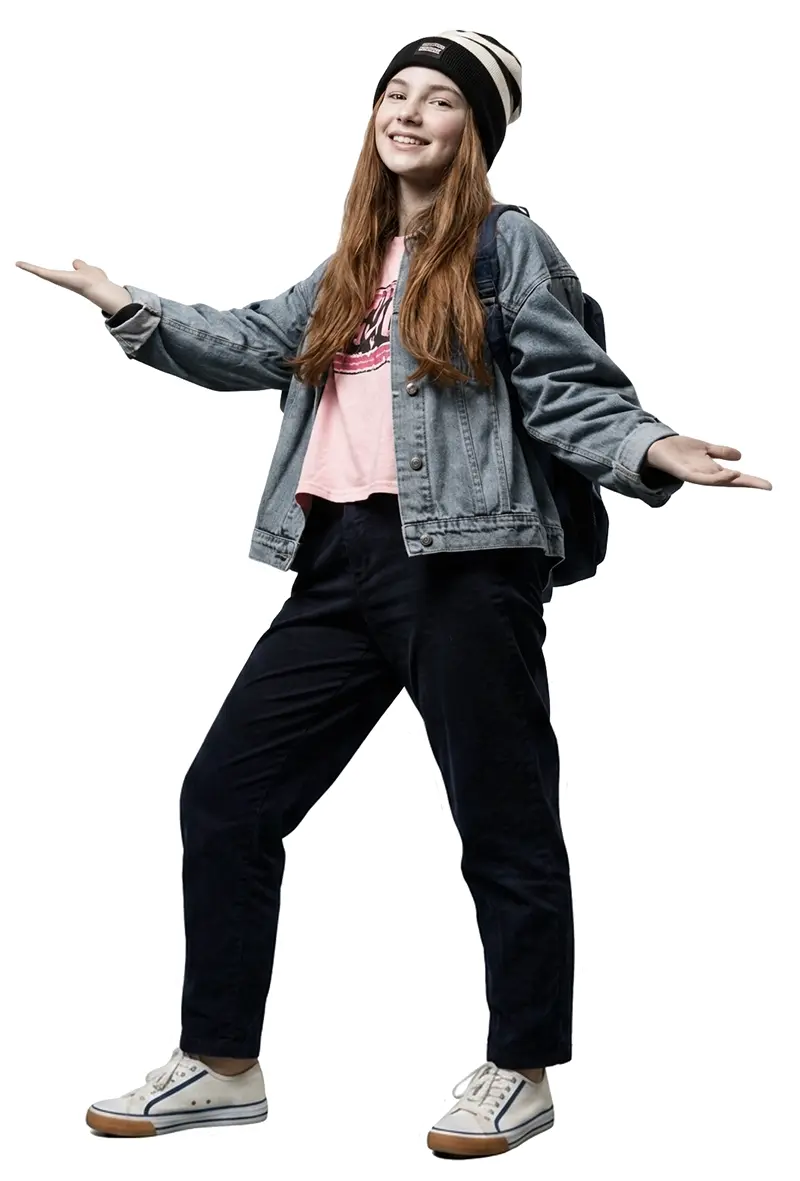 Junges Mädchen in Jeansjacke, schwarzer Hose und Beanie-Mütze steht lächelnd mit ausgebreiteten Armen zur Begrüßung