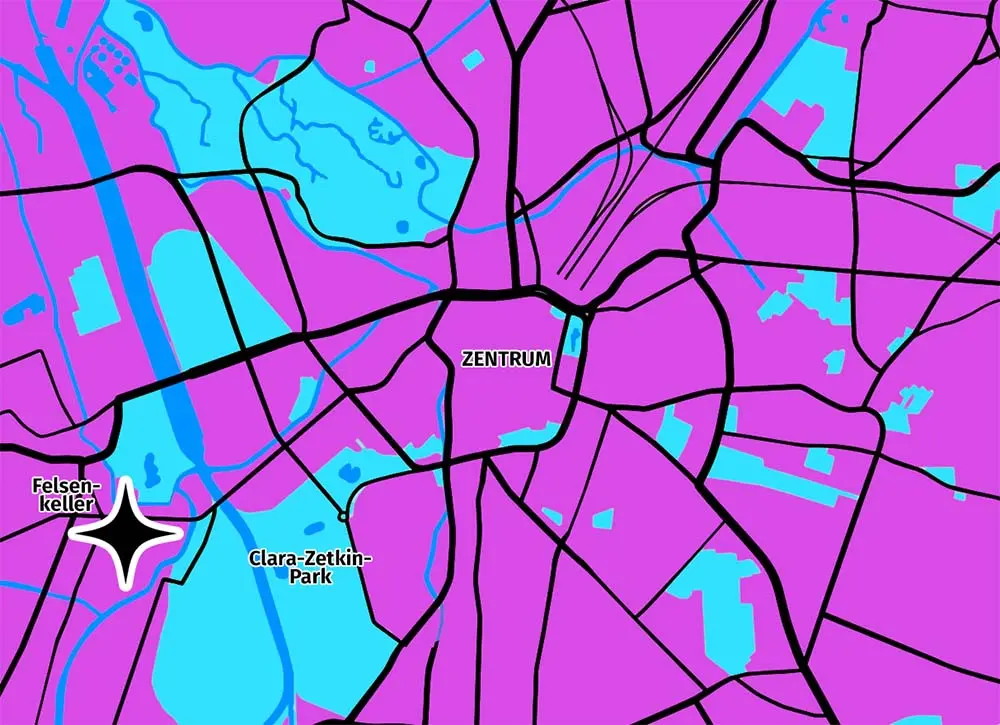 Stilisierter Stadtplan von Leipzig in Pink und Cyan mit schwarz eingezeichneten Straßen; ein Stern markiert den Standort von Spielraum Leipzig nahe des Felsenkellers